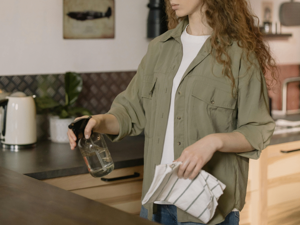A person cleaning the kitchen